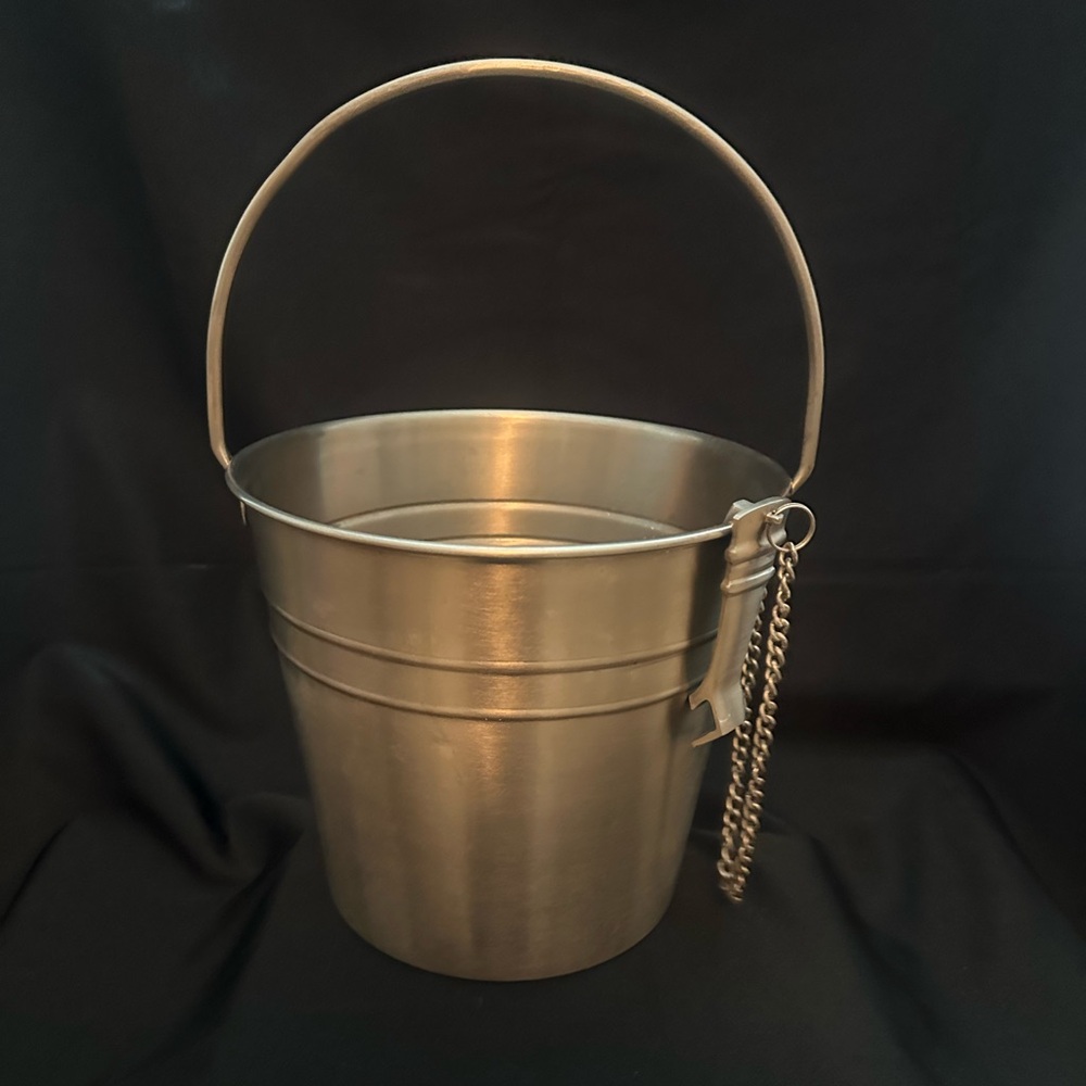 Pottery Barn, Metal Ice Bucket with Bottle Opener Attached.
